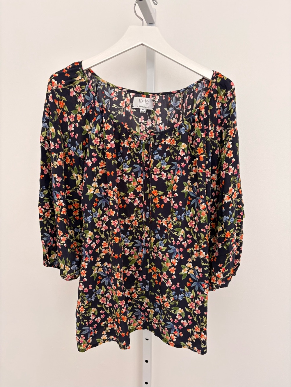 Johnny Was Black Floral Tie-Front Blouse with Multicolor Blooms